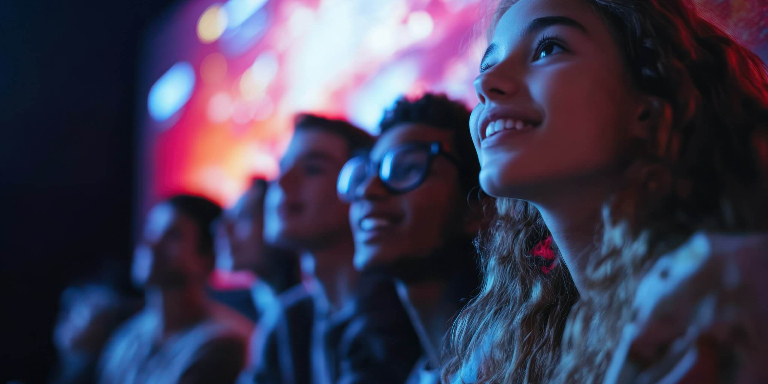 Eine Gruppe junger Menschen sitzt im Kino und schaut interessiert einen Film.