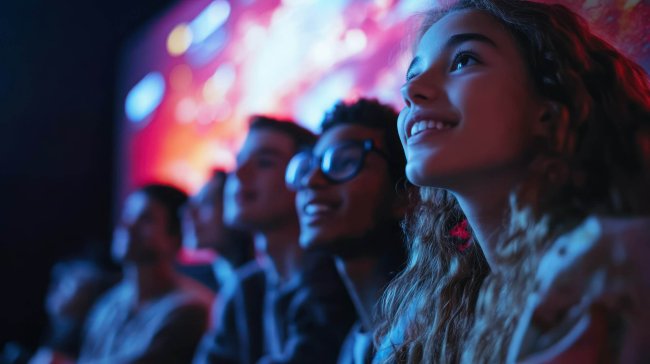 wissen.schafft.wir. KINO Eine Gruppe junger Menschen sitzt im Kino und schaut interessiert einen Film.