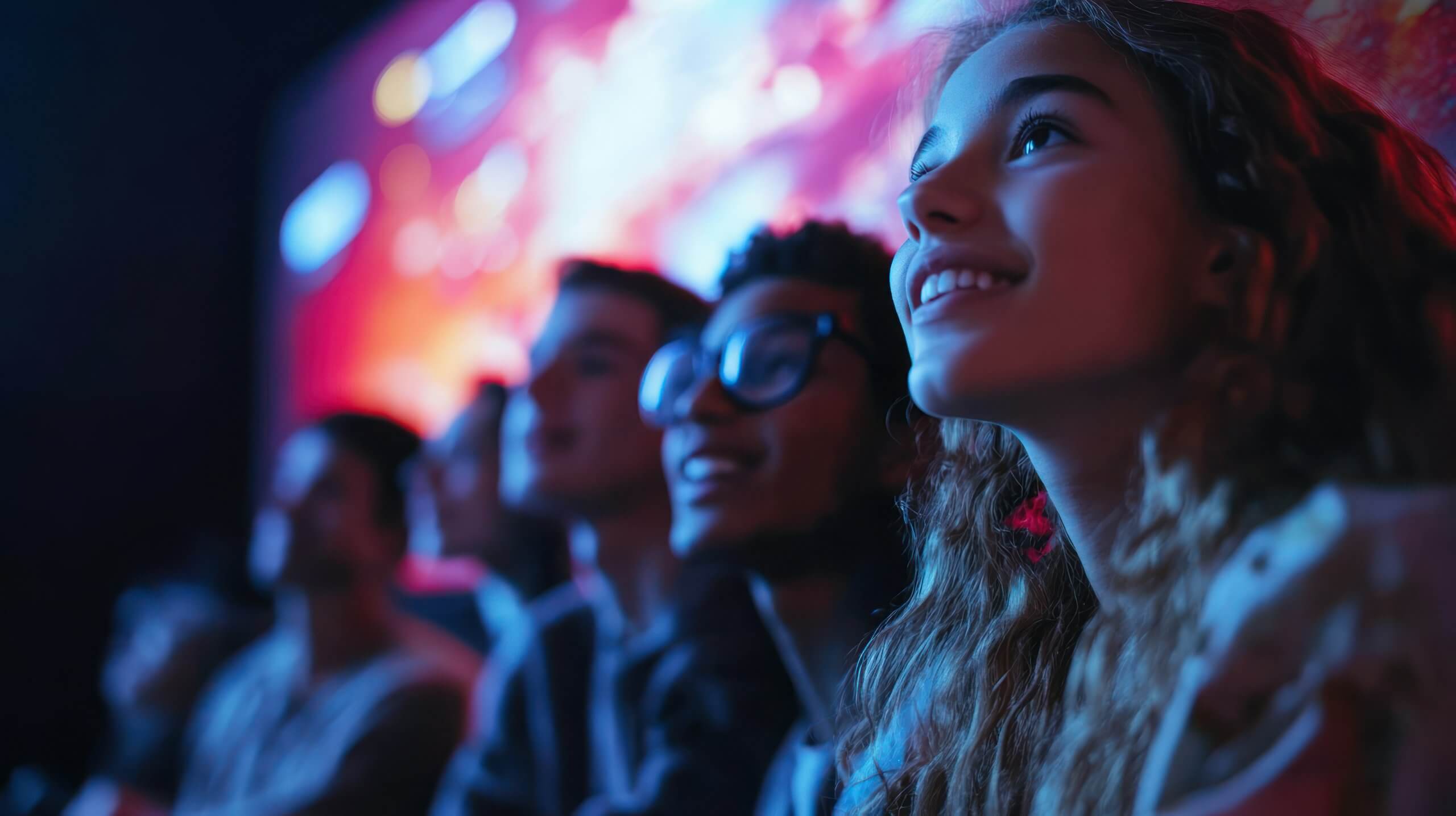 Eine Gruppe junger Menschen sitzt im Kino und schaut interessiert einen Film.